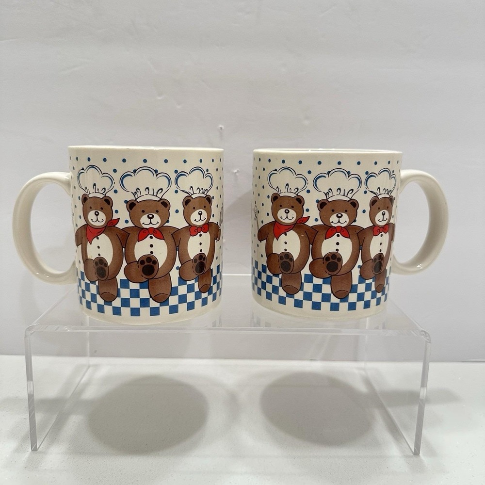 Vintage B & D Dancing‎ Chef Kitchen Cooking Teddy Bear Coffee Mug Set of 2 80s